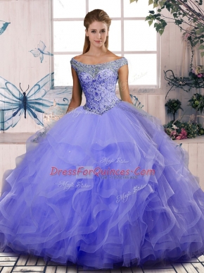 Fitting Sleeveless Floor Length Beading and Ruffles Lace Up Quinceanera Gown with Lavender
