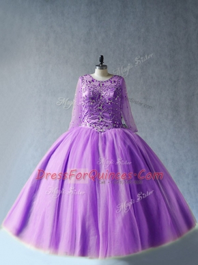 Sweet Ball Gowns 15th Birthday Dress Lavender Scoop Tulle Long Sleeves Floor Length Lace Up