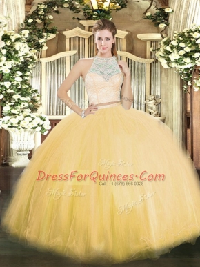 Dazzling Gold Tulle Zipper Scoop Sleeveless Floor Length Quinceanera Dress Lace