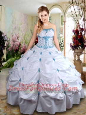 Perfect Taffeta White Quinceanera Dress with Appliques and Pick Ups