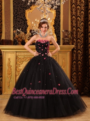 Black Ball Gown Strapless Floor-length Tulle Appliques Quinceanera Dress