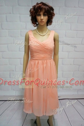 Top Selling Peach Sleeveless Knee Length Ruching Lace Up