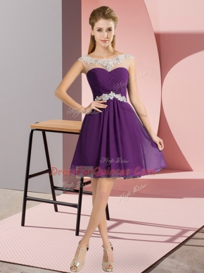 Purple Empire Chiffon Scoop Cap Sleeves Beading Mini Length Lace Up