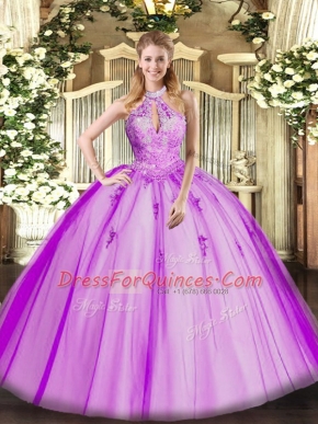 Charming Floor Length Lace Up Quinceanera Dress Fuchsia for Military Ball and Sweet 16 and Quinceanera with Lace and Appliques