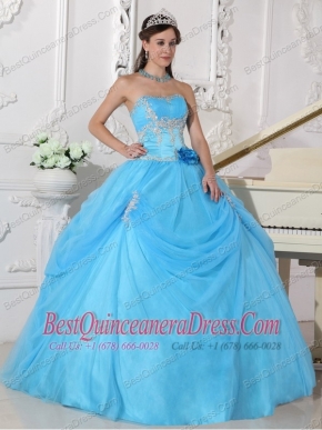 Aqua Blue Ball Gown Strapless Floor-length Taffeta and Organza Appliques and Hand Made Flower Quinceanera Dress
