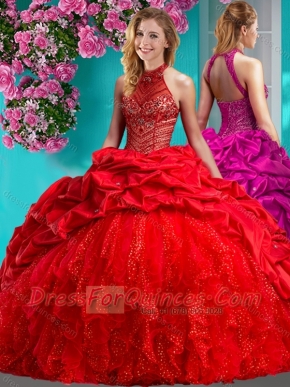 Feminine Halter Top Brush Train Quinceanera Dress with Beading and Ruffles