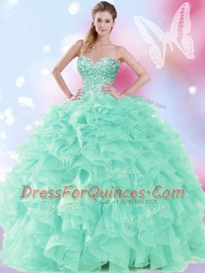 Deluxe Apple Green Ball Gowns Organza Sweetheart Sleeveless Beading and Ruffles Floor Length Lace Up Quinceanera Dress