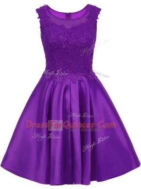 Vintage Purple Satin Zipper Dama Dress Sleeveless Mini Length Lace