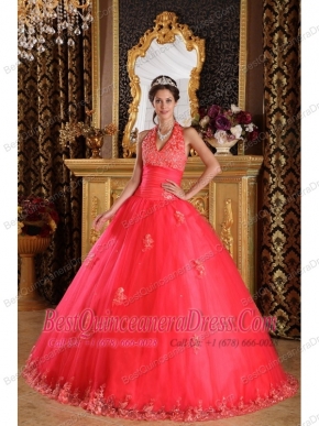 Coral Red Ball Gown Halter Floor-length Appliques Tulle Quinceanera Dress