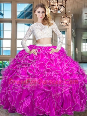 Captivating Scoop Long Sleeves Organza Quinceanera Dress Beading and Lace and Ruffles Zipper