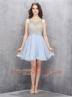Beauteous Scoop Sequins Light Blue Sleeveless Chiffon Zipper Dress for Prom for Prom and Party