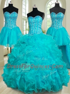 Excellent Four Piece Teal Lace Up Vestidos de Quinceanera Beading and Ruffles Sleeveless Floor Length