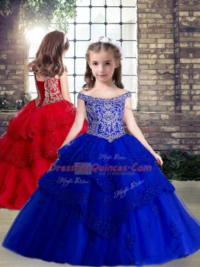 Fashionable Sleeveless Floor Length Lace Up Pageant Dress Womens in Royal Blue with Beading and Appliques