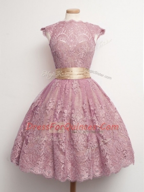 High-neck Cap Sleeves Court Dresses for Sweet 16 Knee Length Belt Peach Lace