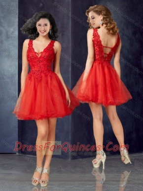 Beautiful Deep V Neckline Tulle Red Prom Dress with Lace