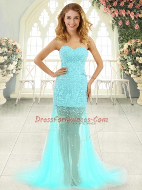 Column/Sheath Sleeveless Aqua Blue Prom Gown Brush Train Zipper