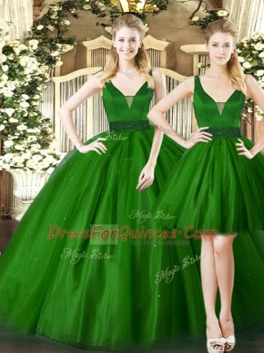 Dark Green Ball Gowns Tulle Straps Sleeveless Ruching Floor Length Lace Up 15th Birthday Dress