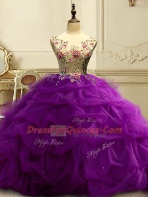 Custom Designed Organza Sleeveless Floor Length Quinceanera Gowns and Appliques and Ruffles and Sequins