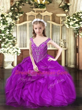 Purple Ball Gowns Beading and Ruffles Kids Formal Wear Lace Up Organza Sleeveless Floor Length