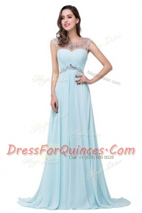 Scoop Light Blue Sleeveless Chiffon Brush Train Zipper Dress for Prom for Prom and Party