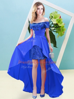 Beading Prom Evening Gown Blue Lace Up Short Sleeves Ankle Length
