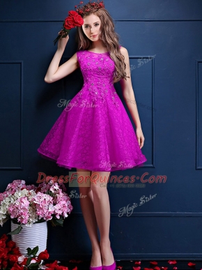 Fuchsia Tulle Lace Up Dama Dress for Quinceanera Sleeveless Knee Length Beading and Lace
