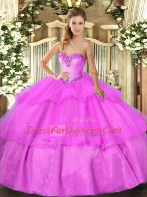 Latest Lilac Ball Gowns Sweetheart Sleeveless Tulle Floor Length Lace Up Beading and Ruffled Layers 15th Birthday Dress