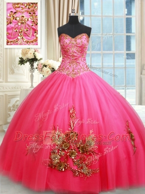 Elegant Ball Gowns Sweet 16 Quinceanera Dress Hot Pink Sweetheart Tulle Sleeveless Floor Length Lace Up