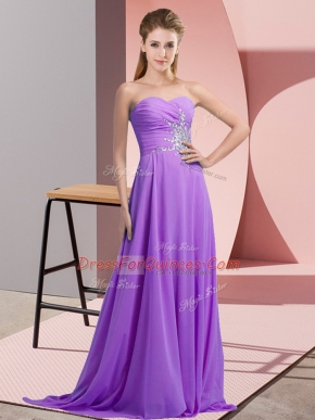 Gorgeous Lavender Chiffon Prom Party Dress Sleeveless Floor Length Beading and Ruching