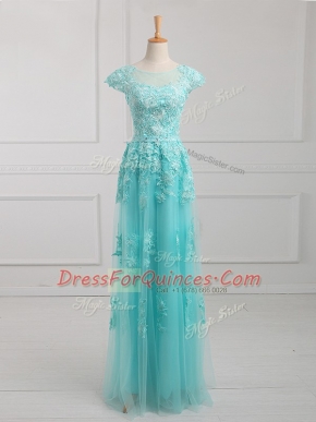 Aqua Blue Lace Up Homecoming Dress Beading and Lace and Appliques Short Sleeves Floor Length