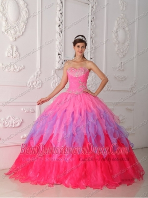 Hot Pink Ball Gown Sweetheart Floor-length Organza Beading and Ruch Quinceanera Dress