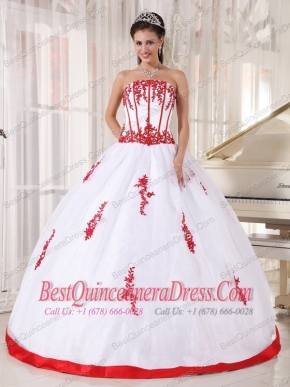 White Ball Gown Strapless Floor-length Satin and Organza Appliques Sweet 16 Dress