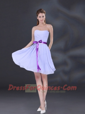 Ruching and Belt Chiffon Dama Dress in Lavender