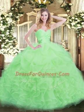 Sleeveless Floor Length Beading and Ruffles Lace Up Vestidos de Quinceanera with Apple Green