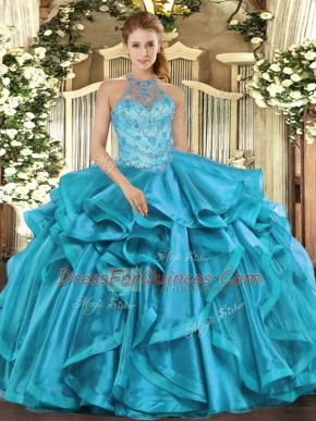 Teal Lace Up 15th Birthday Dress Beading Sleeveless Floor Length