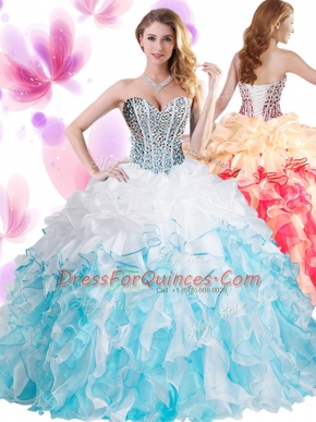Blue And White Lace Up Sweet 16 Dresses Beading and Ruffles Sleeveless Floor Length