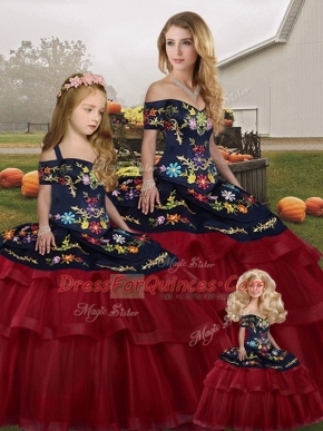 Noble Wine Red Off The Shoulder Neckline Embroidery and Ruffled Layers Ball Gown Prom Dress Sleeveless Lace Up