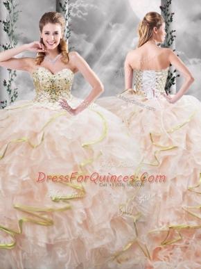 Peach Ball Gowns Sweetheart Sleeveless Organza Brush Train Lace Up Beading and Ruffles Quinceanera Gown
