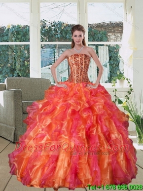 Cheap Multi Color Strapless Quince Dress with Beading and Ruffles
