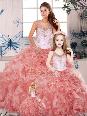 Affordable Scoop Sleeveless Organza Quinceanera Gown Beading and Ruffles Clasp Handle