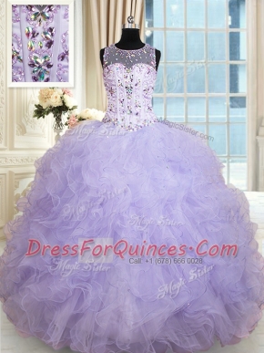 Inexpensive Floor Length Lavender Quince Ball Gowns Scoop Sleeveless Lace Up