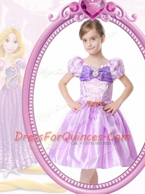 Eye-catching Lilac A-line Beading and Bowknot Flower Girl Dress Clasp Handle Organza Short Sleeves Knee Length