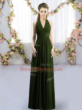 Fantastic Floor Length Lace Up Dama Dress for Quinceanera Olive Green for Wedding Party with Ruching