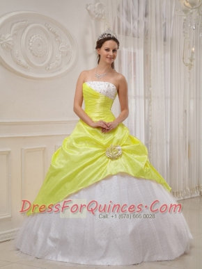 Strapless White and Yellow Ball Gown Taffeta and Tulle  Spring Quinceanera Dresses 2014