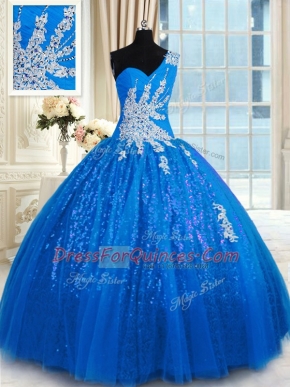 One Shoulder Floor Length Lace Up Quinceanera Gowns Blue for Military Ball and Sweet 16 and Quinceanera with Appliques