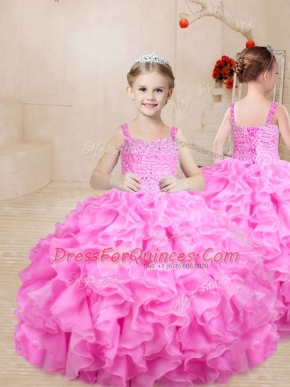 Admirable Floor Length Ball Gowns Sleeveless Rose Pink Little Girl Pageant Gowns Lace Up