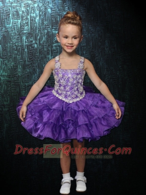 2014 Formal Straps Ball Gown Purple Little Girl Dress with Beading and Ruffles