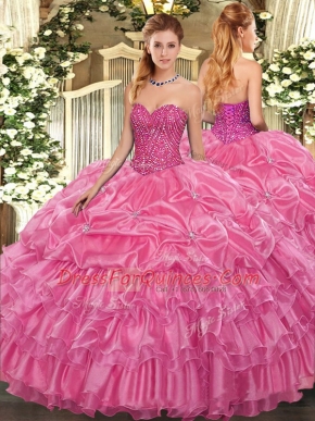 Rose Pink Quinceanera Gowns Military Ball and Sweet 16 and Quinceanera with Beading and Ruffled Layers and Pick Ups Sweetheart Sleeveless Lace Up