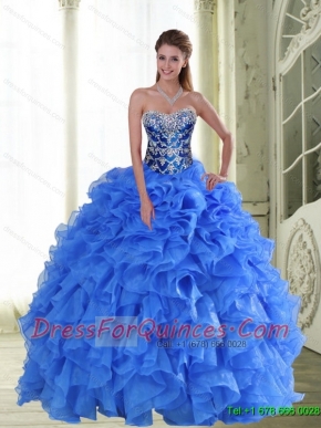 2015 Perfect Beading and Ruffles Strapless Sweet 15 Dresses in Blue
