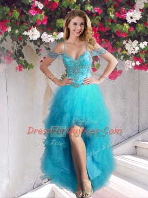 Perfect Off the Shoulder Beading and Ruffles Prom Gown Teal Lace Up Sleeveless High Low